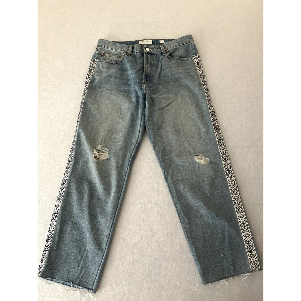 Lucky Brand Relaxed Tapered Jeans Womens Distressed Fray & Side Stripe‎ Boho